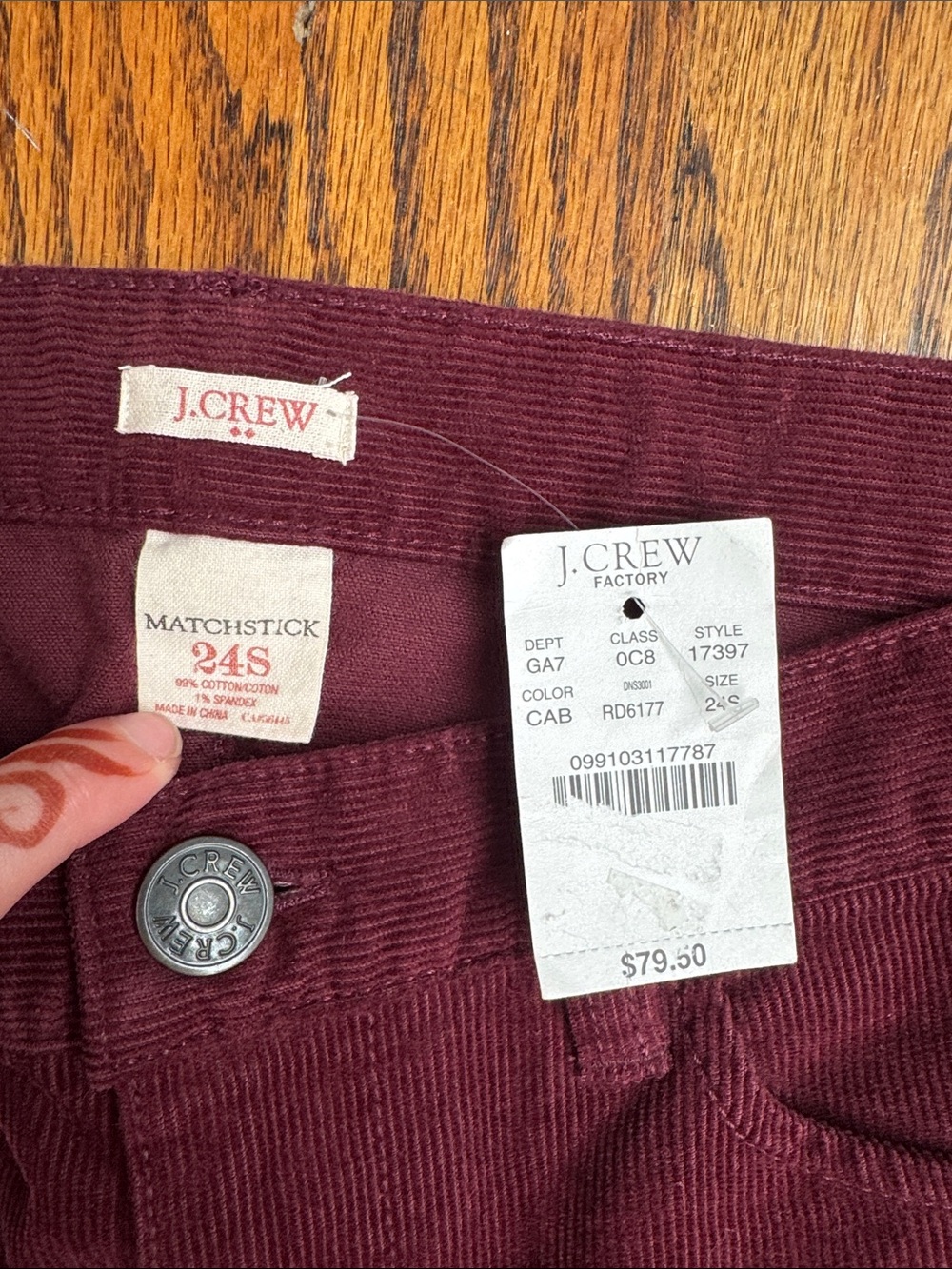 NWT J.Crew Matchstick Corduroy Pants 24S Burgundy Wine Skinny Stretch Cords - Picture 4 of 6
